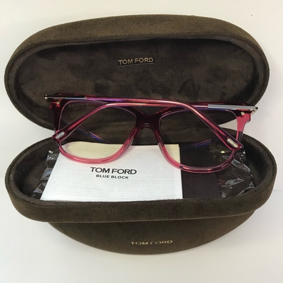 New Authentic Tom Ford FT5704-B 066 Transparent Raspberry/ Blue Block Eyeglasses - Picture 8 of 10